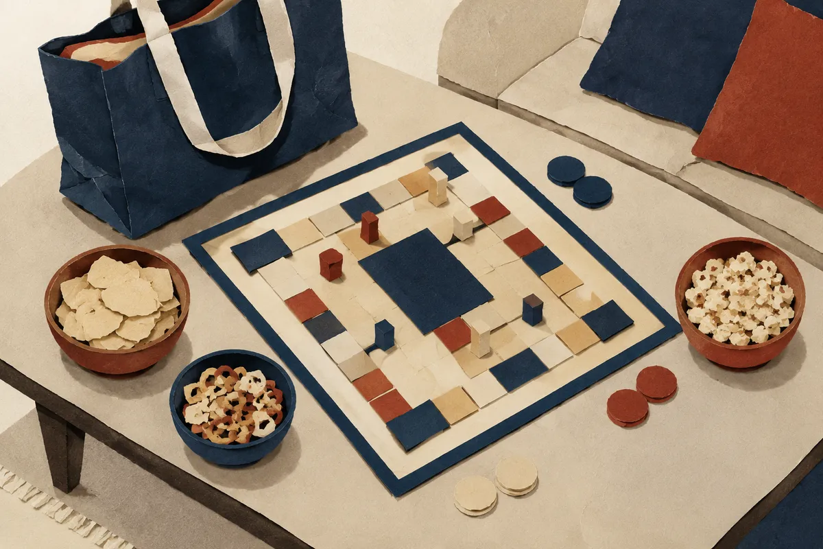 Mesa de salón con un juego de mesa, una bolsa de tela y algo de picoteo preparados para una tarde de planes