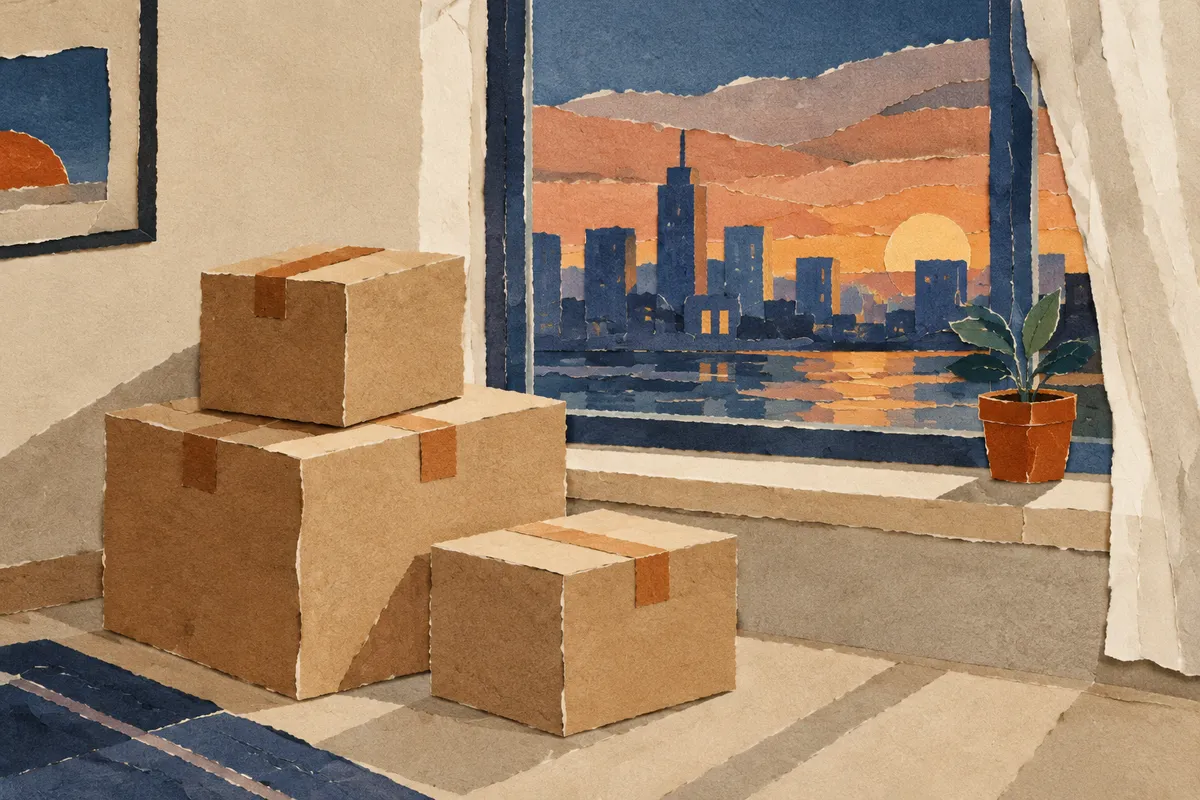 Cajas de mudanza junto a una ventana con vistas a una ciudad al atardecer