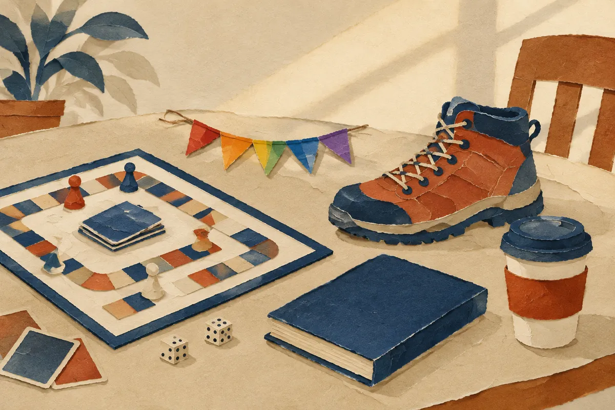 Ilustración de objetos de ocio compartido: juego de mesa, libro, bota de senderismo y una banderita arcoíris