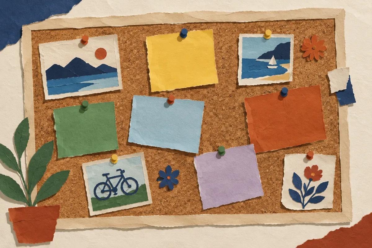 Tablón de corcho con tarjetas de colores que sugieren actividades y grupos de una ciudad