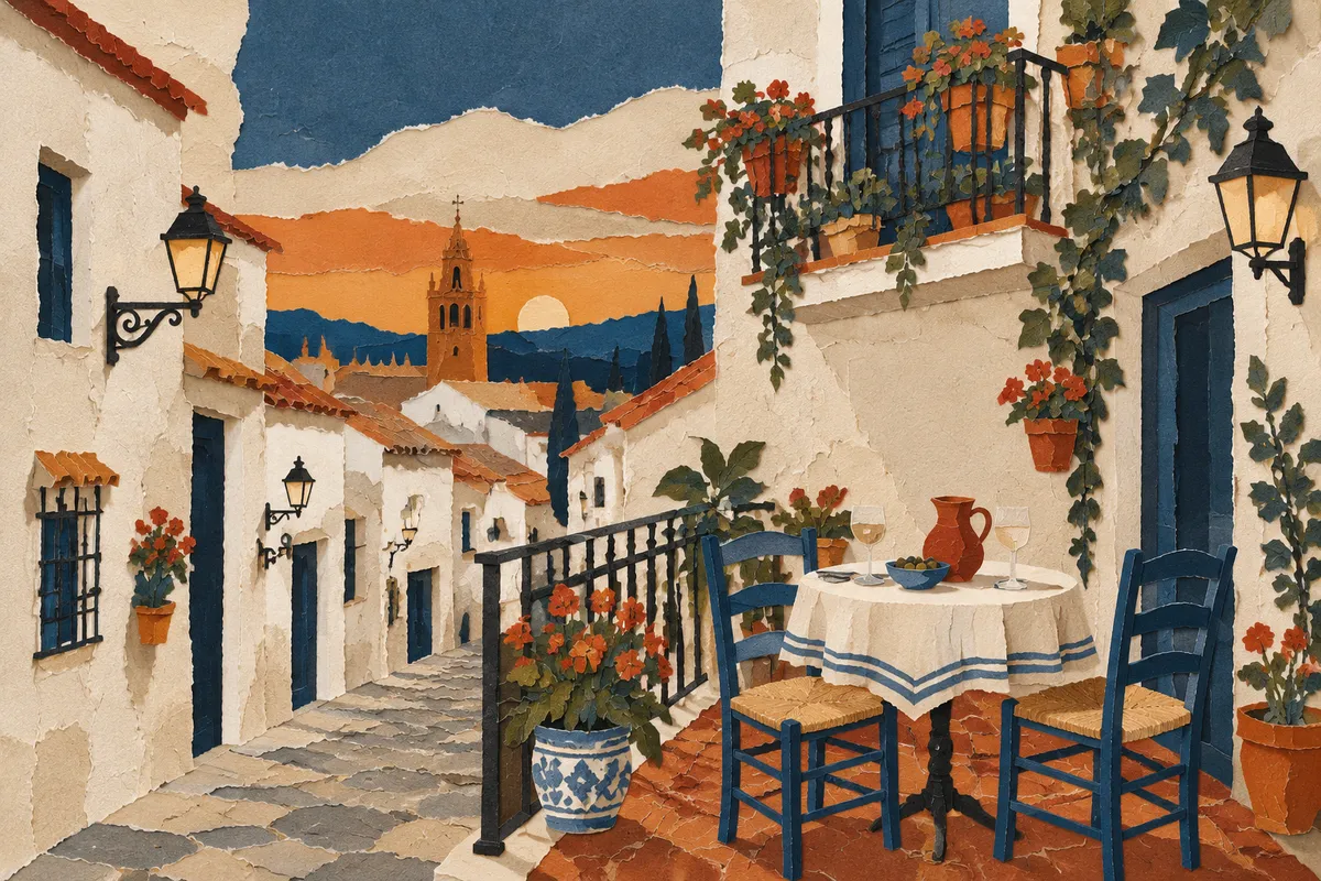 Calle sevillana al atardecer con paredes encaladas, farolillos, un balcón con macetas y una mesa preparada en la terraza
