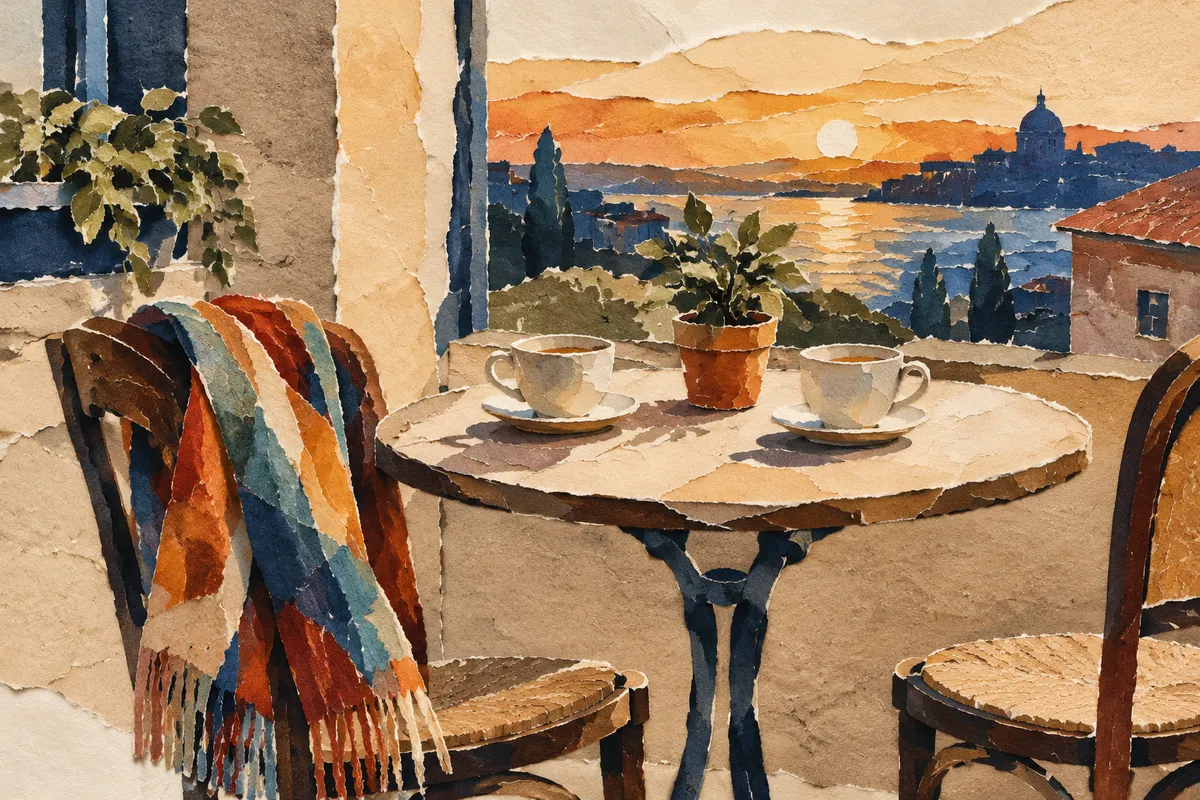 Mesa de cafetería acogedora con dos tazas y una bufanda de colores, ambiente tranquilo para conversar