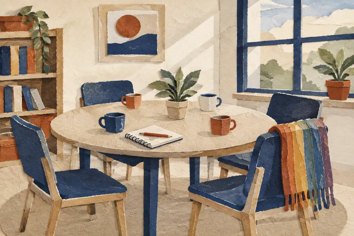 Ilustración de una sala de reuniones acogedora con mesa redonda, tazas y una bufanda de colores arcoíris