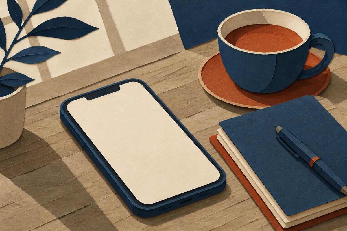 Móvil sobre una mesa de madera junto a una libreta, un bolígrafo y una taza de té
