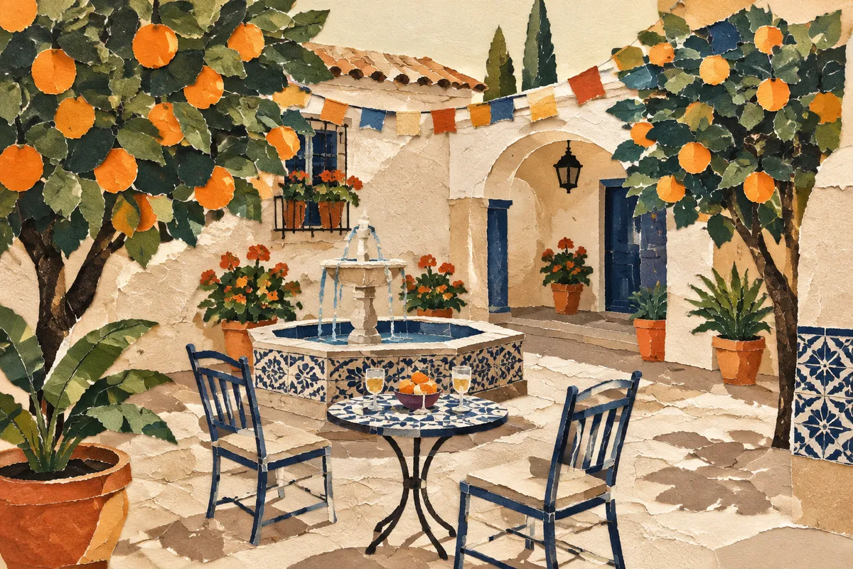 Patio andaluz con naranjos, fuente de azulejos y dos sillas vacías junto a una mesa, con una guirnalda arcoíris