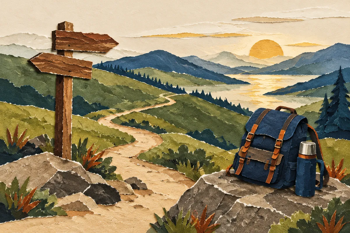 Sendero entre colinas verdes con una mochila apoyada en una roca, ideal para un plan de senderismo en grupo