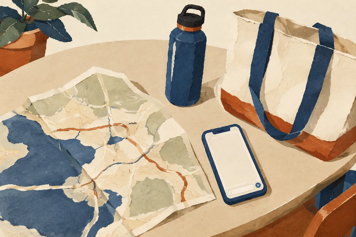 Mesa con mapa, botella de agua y móvil, ilustración sobre preparar un primer plan para conocer amistades