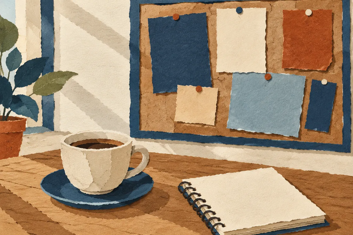 Tablón con carteles de colores, una taza de café y una libreta sobre una mesa de madera