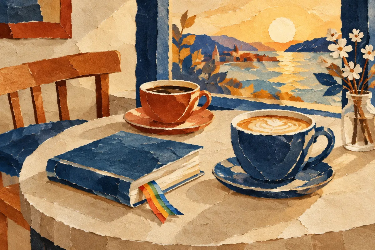 Mesa de café con dos tazas y un libro al atardecer, una imagen tranquila sobre conocer gente en la madurez