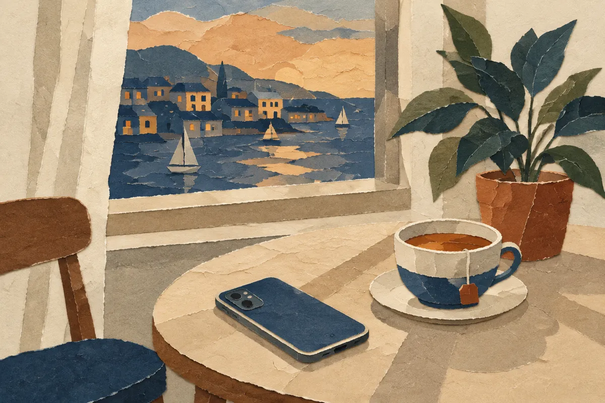 Mesa junto a una ventana con un móvil boca abajo, una taza de té y una planta, en una escena serena
