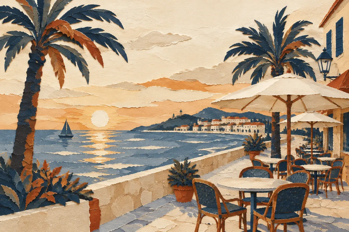 Ilustración de un paseo marítimo mediterráneo al atardecer con palmeras y terrazas tranquilas