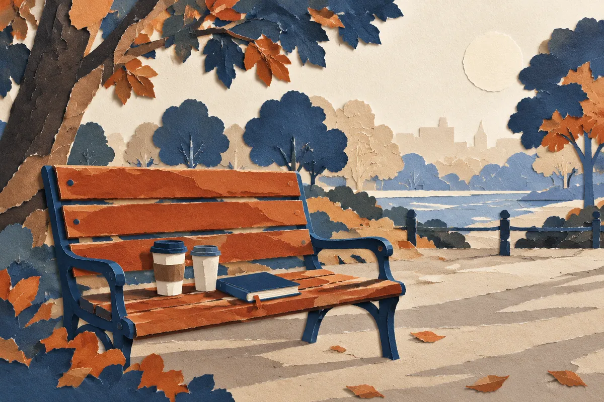 Banco de parque con dos tazas de café y una libreta, ilustración sobre quedar con calma para conocer gente