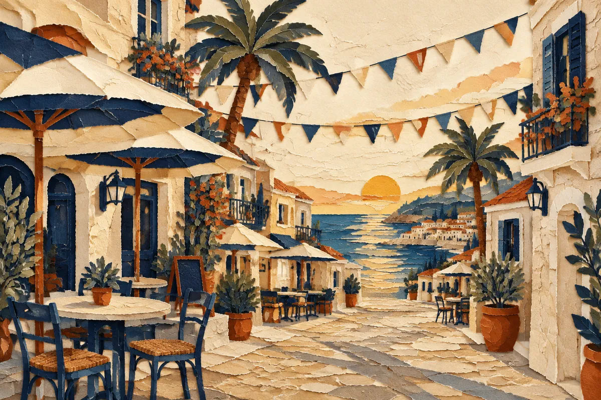 Calle mediterránea al atardecer con terrazas y banderines de colores, ilustración sobre amistades gays en Barcelona