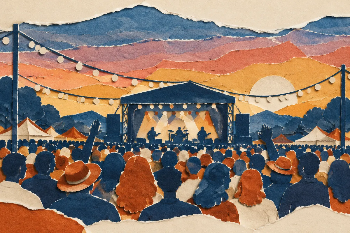 Ilustración de un concierto al aire libre con luces de colores y siluetas abstractas de público