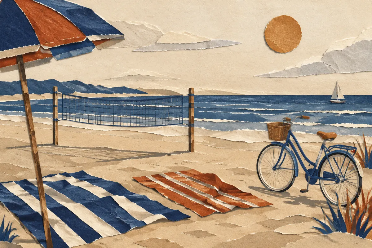 Ilustración de una playa tranquila con red de voleibol, toallas y una bicicleta