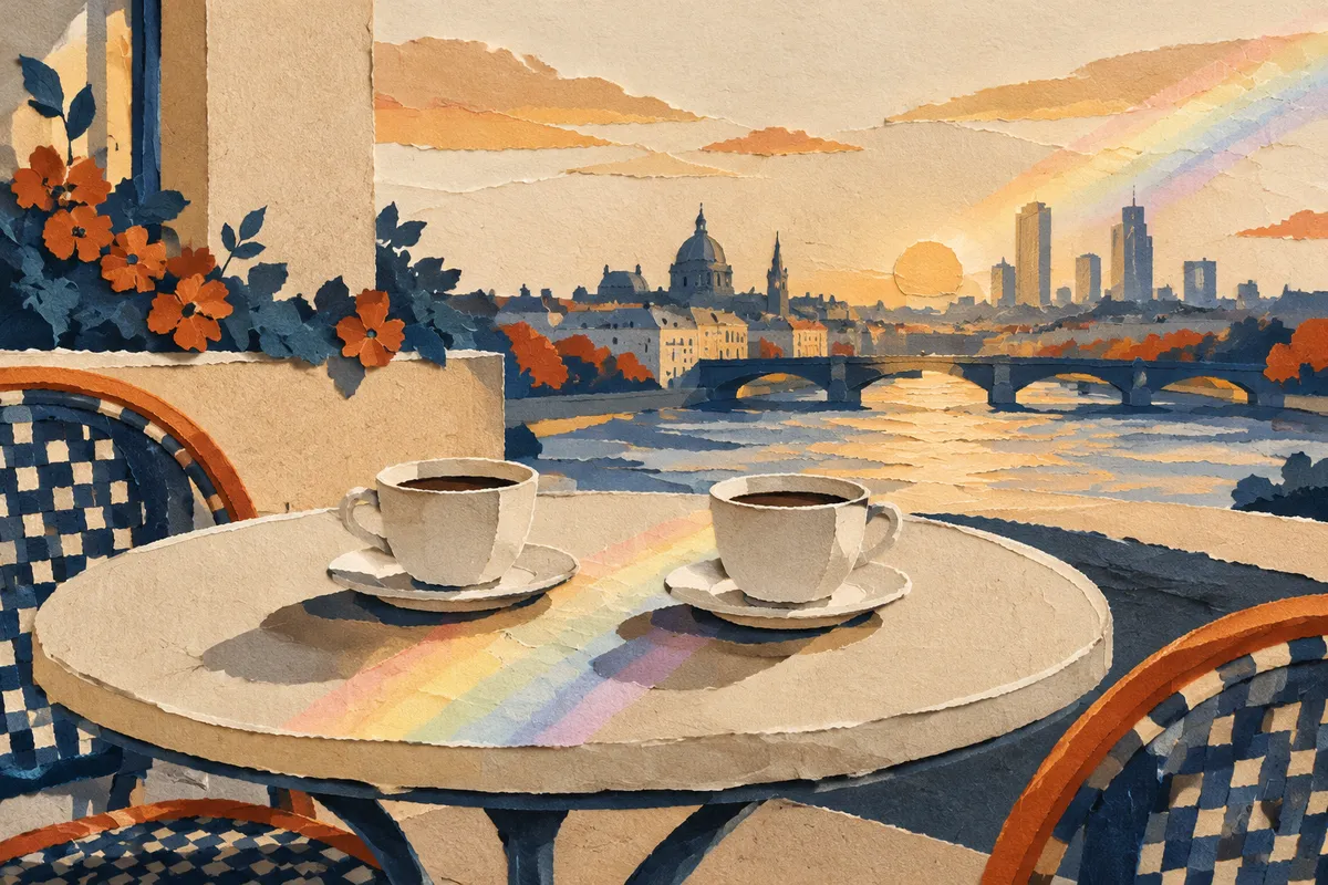 Ilustración de dos tazas de café en una terraza al atardecer, con una suave luz de colores sobre la mesa