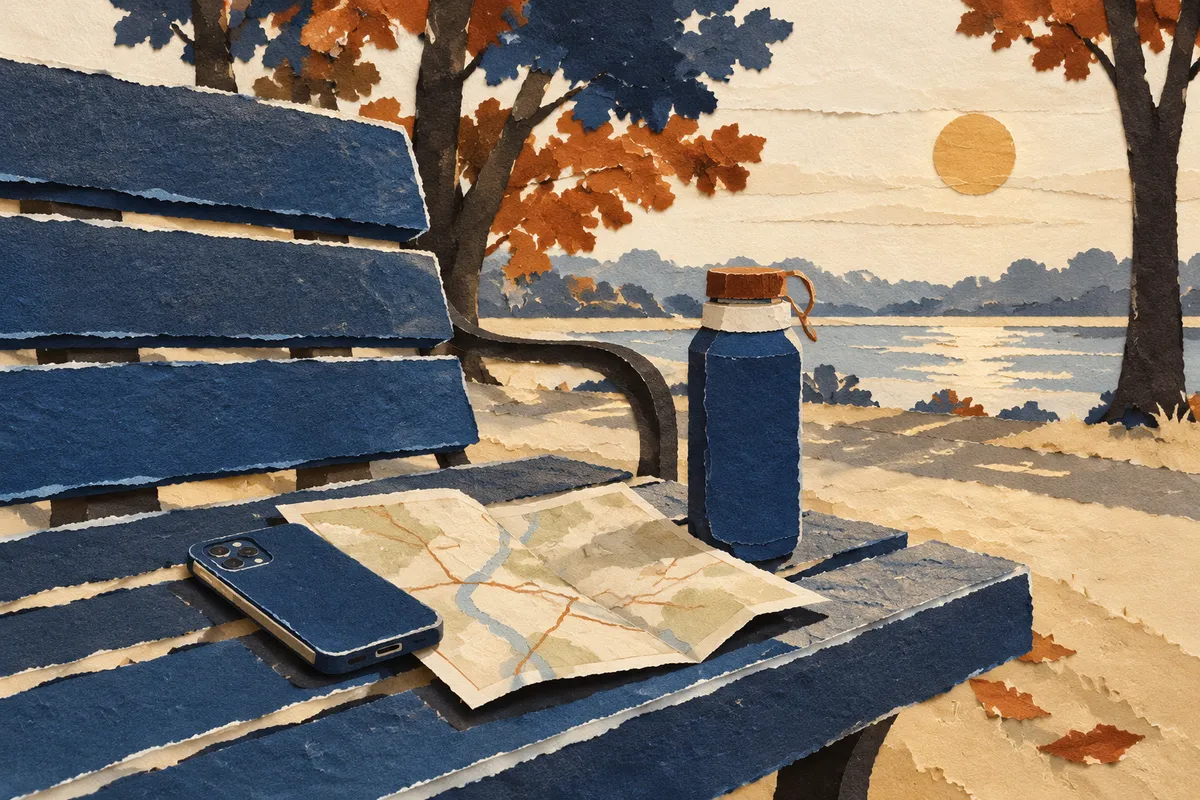 Móvil sobre un banco de parque junto a un mapa de papel y una botella de agua al atardecer