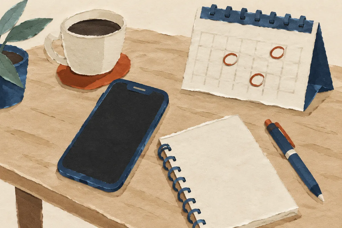 Móvil junto a un cuaderno y un calendario, símbolo de organizar planes y cuidar las amistades