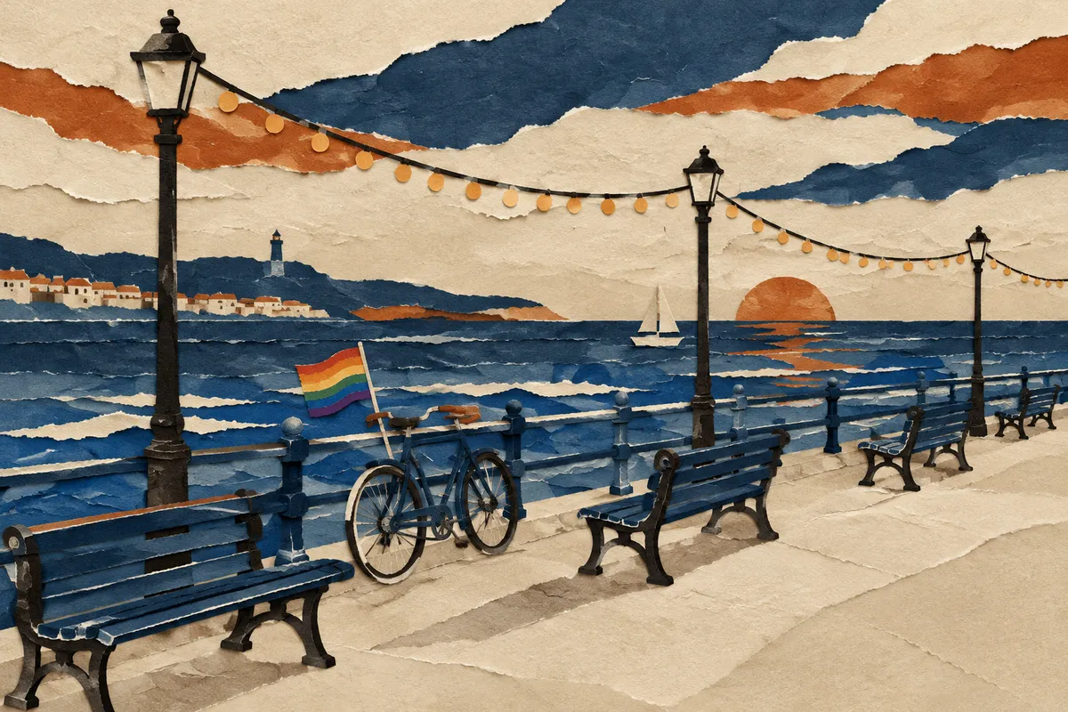 Paseo marítimo al anochecer con luces y una bicicleta, ilustración sobre cuidar los vínculos y las amistades