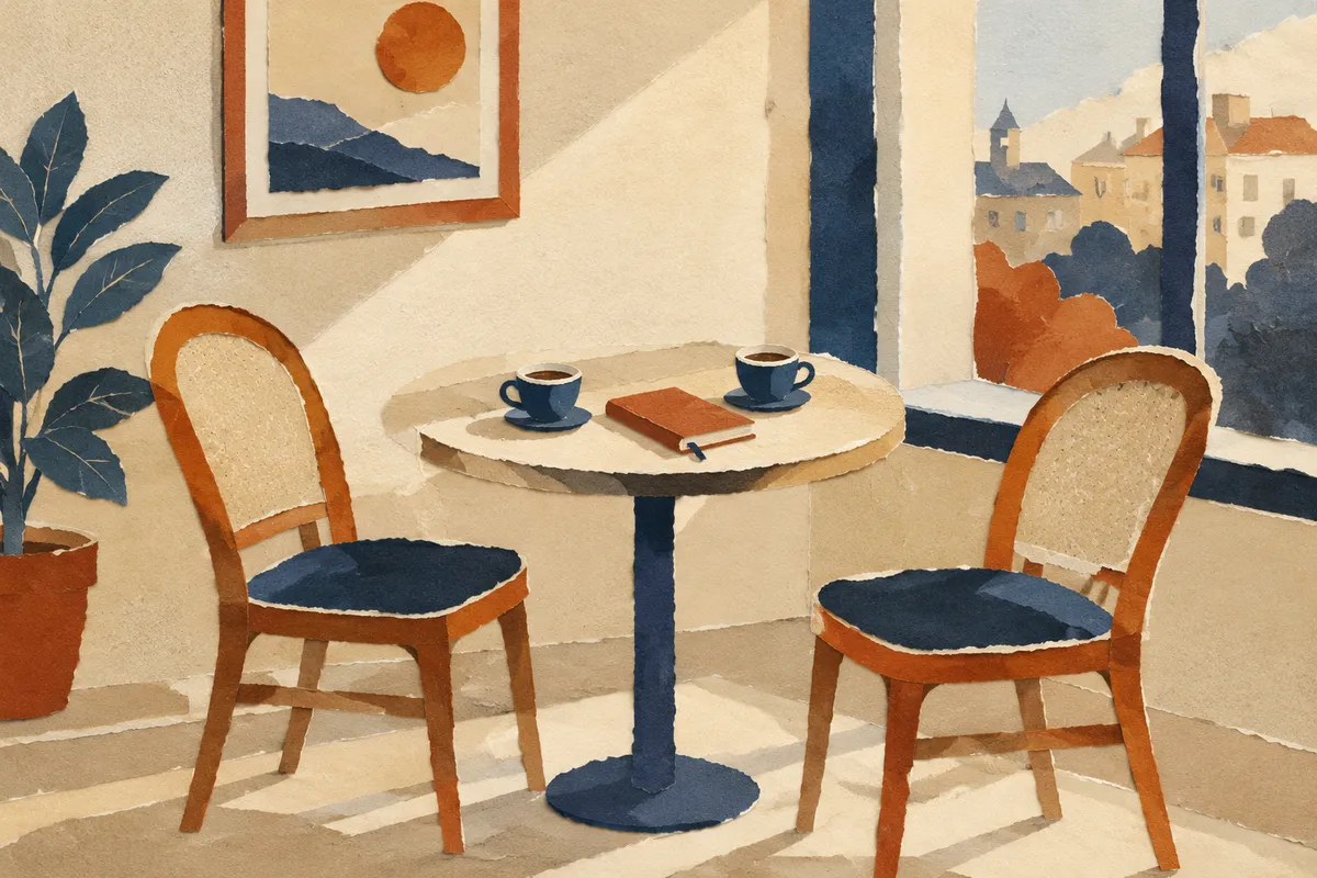 Dos sillas frente a frente en una mesa de café con dos tazas, en una ilustración de luz suave y tonos cálidos