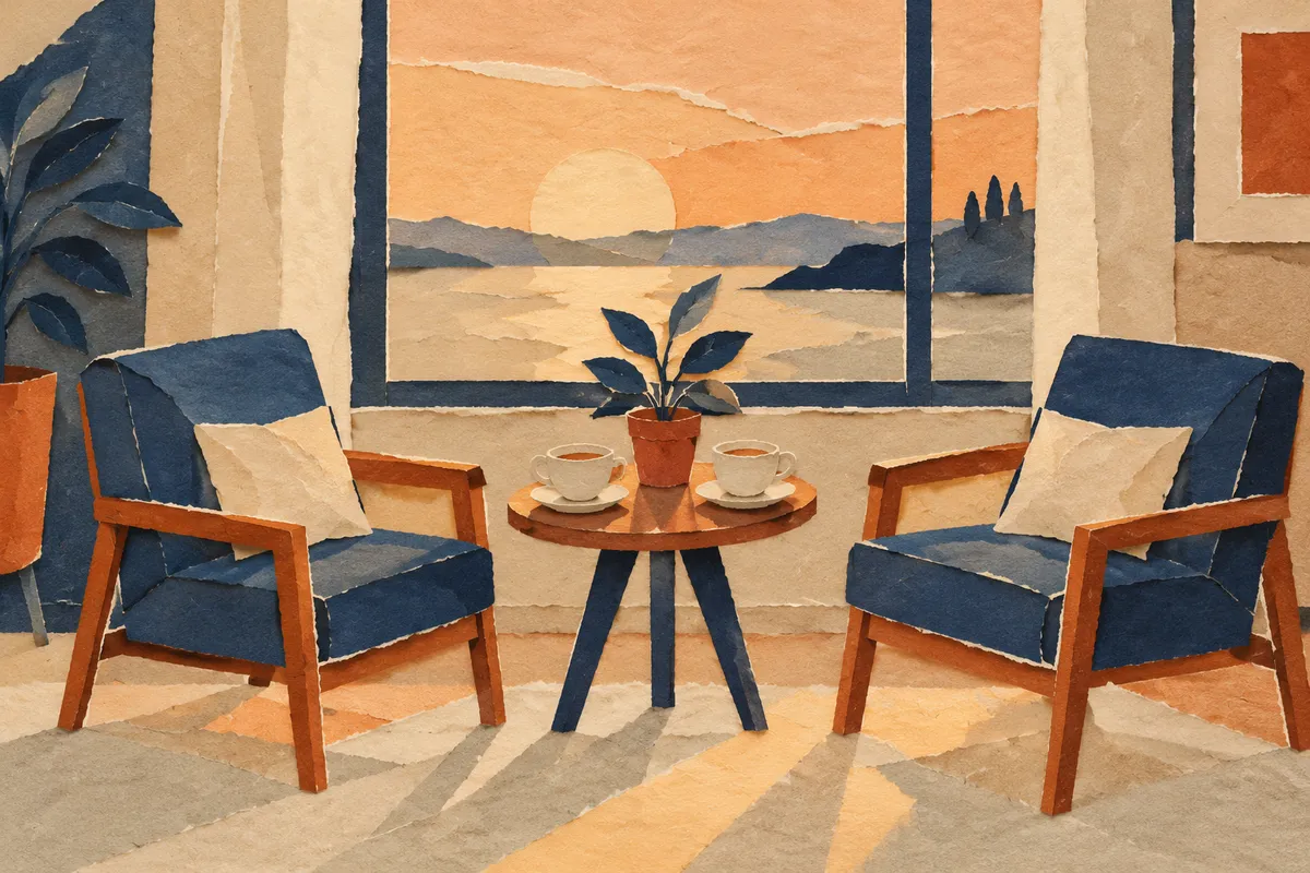 Dos sillas frente a frente junto a una ventana, con una planta y dos tazas de té sobre una mesa pequeña