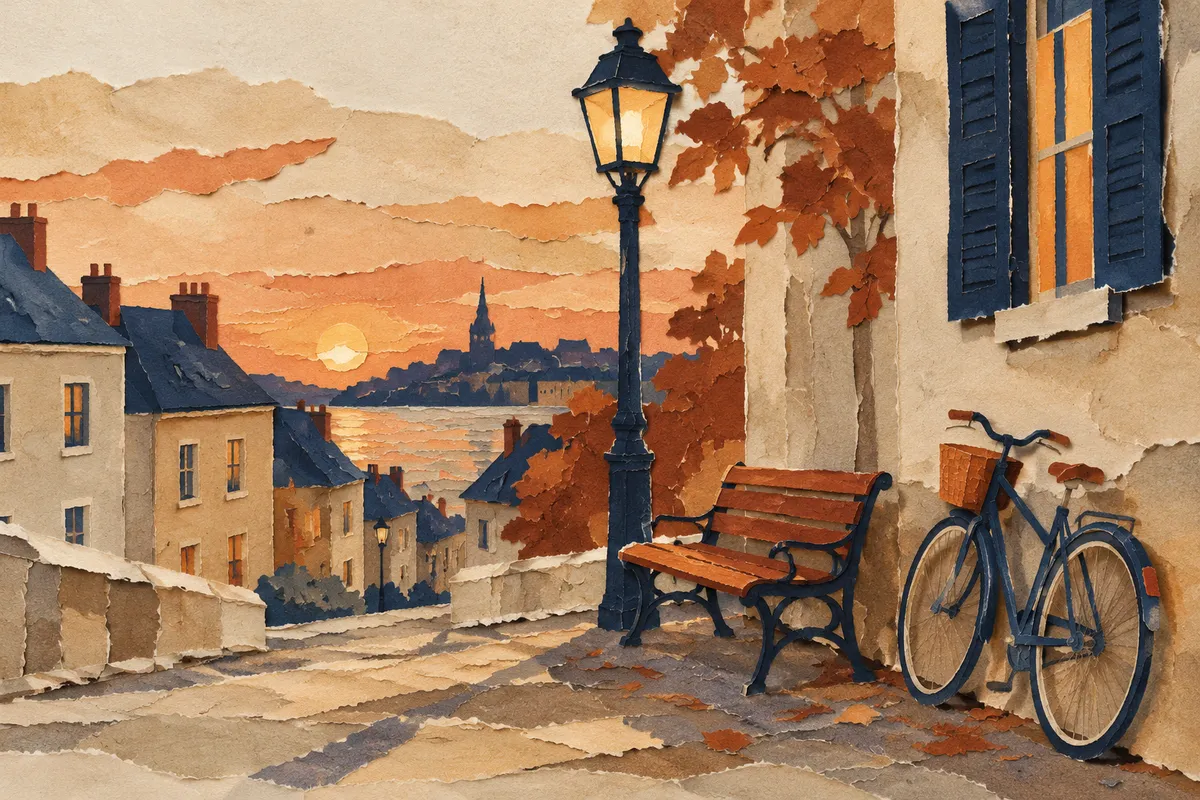 Ilustración de una calle tranquila al anochecer con una farola encendida, un banco y una bicicleta apoyada en la pared