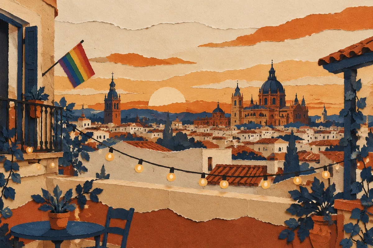 Ilustración de tejados de una gran ciudad al atardecer con una bandera arcoíris en un balcón y luces en una terraza